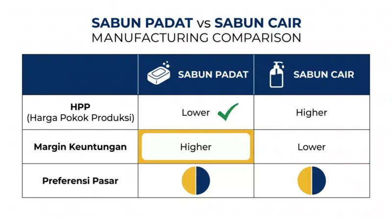 Tabel perbandingan sabun padat vs sabun cair: HPP, margin keuntungan, dan preferensi pasar