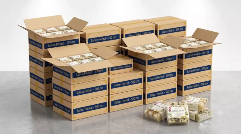 Ilustrasi paket 500 pcs sabun herbal jadi hasil maklon ADEV siap dijual dengan kemasan profesional