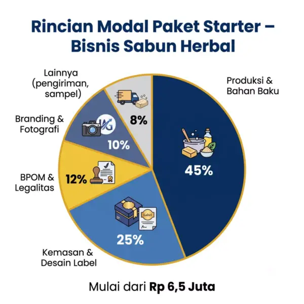 Pie chart breakdown biaya modal paket starter sabun herbal maklon: produksi, kemasan, BPOM, branding, lainnya