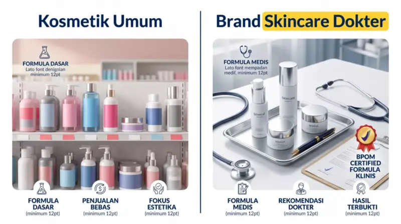 Perbandingan standar maklon kosmetik umum dengan brand skincare klinis dokter dalam dua panel visual