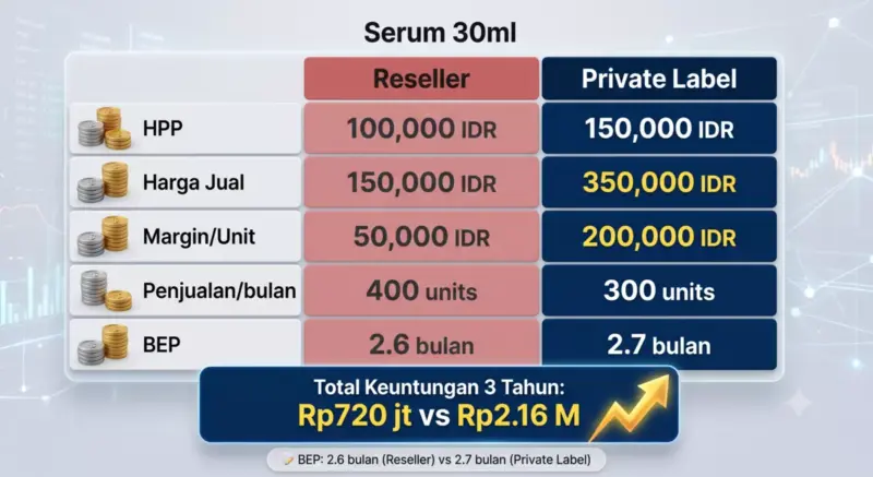Tabel perbandingan keuangan reseller vs private label untuk serum 30ml dengan 5 baris kalkulasi dan total keuntungan 3 tahun Rp720 juta vs Rp2,16 miliar