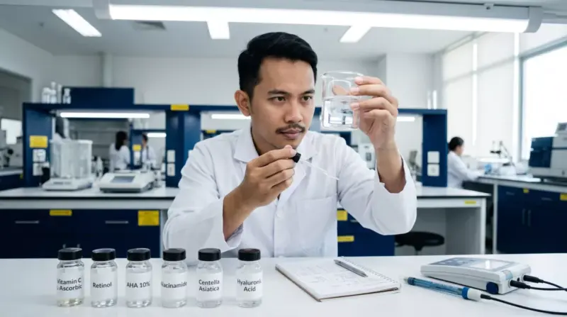 Ilmuwan kosmetik pria menganalisis serum bahan aktif konsentrasi tinggi di laboratorium R&D pabrik maklon skincare