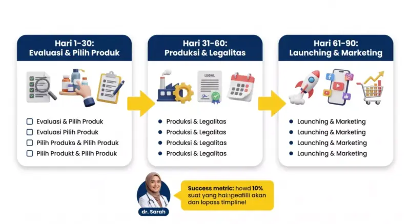 Infografik timeline transisi 90 hari untuk private label skincare dokter: Fase 1 Evaluasi dan Pilih Produk, Fase 2 Produksi dan Legalitas, Fase 3 Launching dan Marketing dengan studi kasus dr Sara