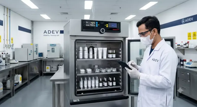 Climatic chamber laboratorium ADEV dengan sampel kemasan skincare dan teknisi melakukan uji stabilitas pada suhu 40 derajat Celcius