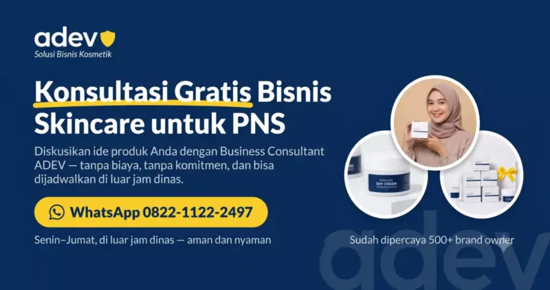 Banner CTA konsultasi gratis bisnis skincare untuk PNS dengan tombol WhatsApp 0822-1122-2497 dan foto produk skincare
