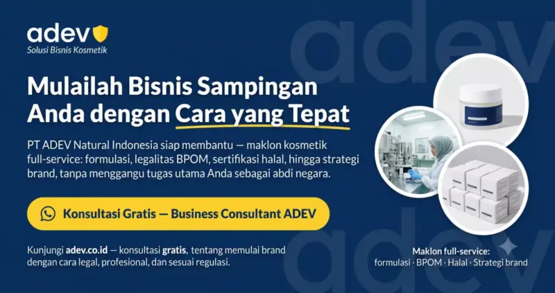 Banner CTA "Mulailah Bisnis Sampingan Anda dengan Cara yang Tepat" dengan tombol konsultasi gratis Business Consultant ADEV, kunjungi adev.co.id