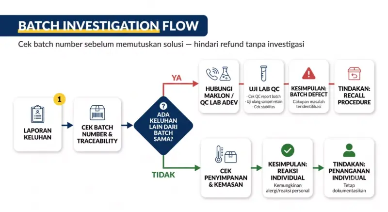 Diagram alur investigasi batch keluhan skincare dari cek batch number hingga kesimpulan batch defect atau reaksi individual