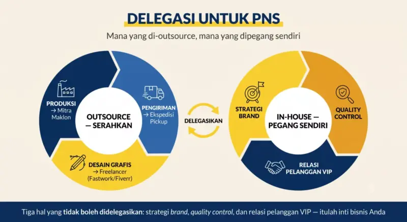 Diagram dua lingkaran delegasi bisnis PNS: outsource produksi ke maklon, pengiriman ke ekspedisi, desain ke freelancer; in-house strategi brand, quality control, relasi pelanggan