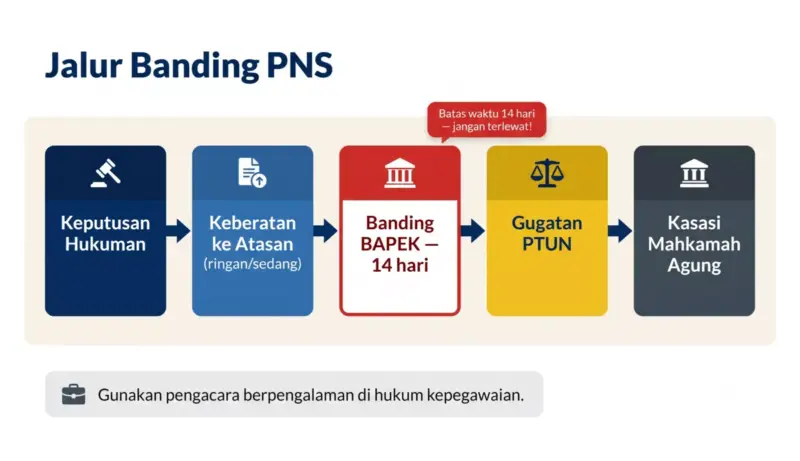 Diagram alur jalur banding PNS: keputusan hukuman, keberatan ke atasan untuk hukuman ringan atau sedang, banding BAPEK dalam 14 hari, gugatan PTUN, dan kasasi Mahkamah Agung