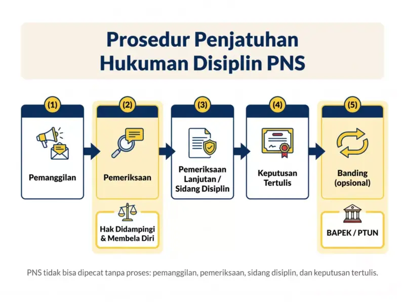 Diagram alur prosedur penjatuhan hukuman disiplin PNS: pemanggilan, pemeriksaan dengan hak didampingi dan membela diri, pemeriksaan lanjutan atau sidang disiplin, keputusan tertulis, dan banding ke BAPEK atau PTUN