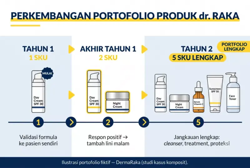 Diagram timeline perkembangan portofolio produk DermaRaka dari 1 SKU (Tahun 1: Day Cream) menjadi 2 SKU (Akhir Tahun 1: + Night Cream) hingga 5 SKU lengkap (Tahun 2)