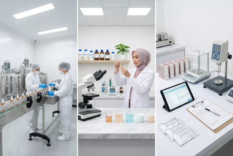 Fasilitas produksi ADEV Natural Indonesia: tiga panel foto area produksi CPKB stainless steel, laboratorium R&D dengan ahli kimia berhijab, dan stasiun quality control dengan produk sampling skincare