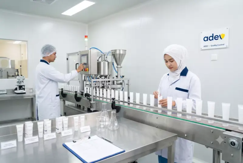 Foto fasilitas produksi PT ADEV Natural Indonesia: area clean room dengan teknisi berpakaian lab, mesin filling modern, dan area quality control laboratorium