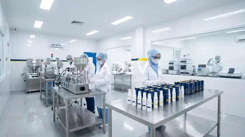 Suasana pabrik kosmetik bersertifikasi ISO 22716 dan CPKB Golongan A milik ADEV Natural Indonesia dengan tim R&D memproduksi skincare dan laboratorium QC modern