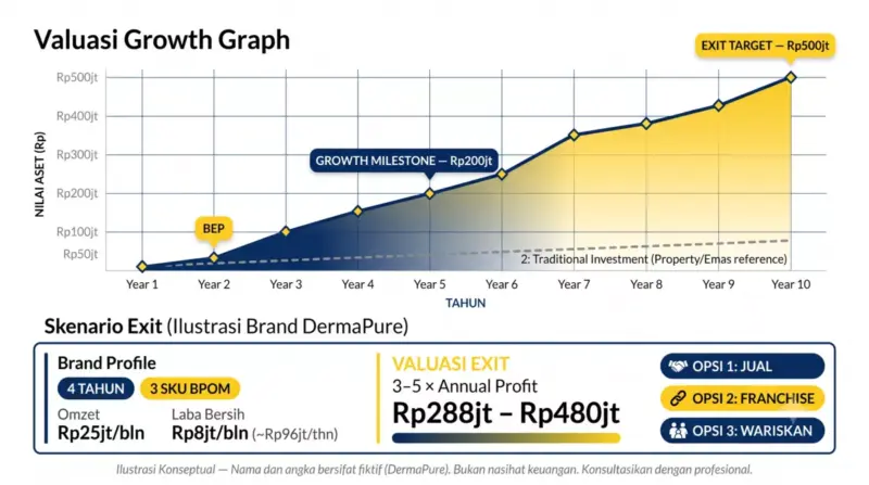 Grafik pertumbuhan valuasi brand skincare dari tahun 1 hingga 10 mencapai Rp500jt dengan area gradient navy-kuning, dilengkapi panel ilustrasi komposit brand DermaPure (4 tahun, omzet Rp25jt, valuasi exit Rp288-480jt) dengan 3 opsi exit: jual, franchise, wariskan
