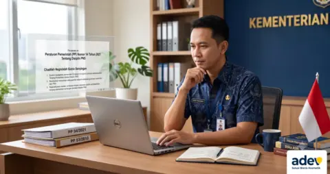 Ilustrasi ASN pria Indonesia profesional di ruang kerja kantor memeriksa dokumen regulasi PP di laptop, ekspresi penuh pertimbangan, meja rapi dengan berkas PP dan buku catatan