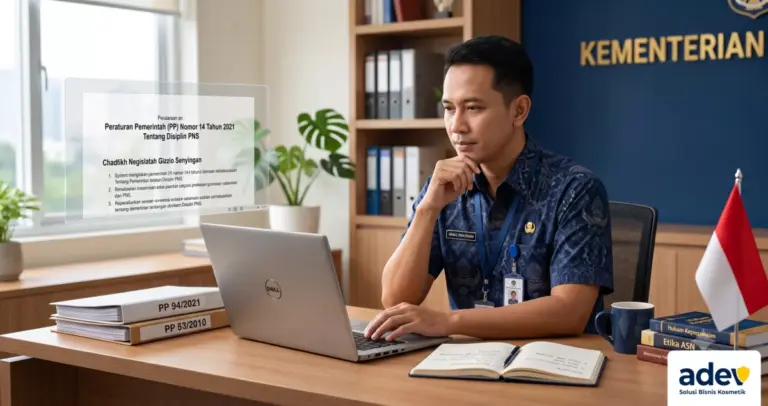 Ilustrasi ASN pria Indonesia profesional di ruang kerja kantor memeriksa dokumen regulasi PP di laptop, ekspresi penuh pertimbangan, meja rapi dengan berkas PP dan buku catatan