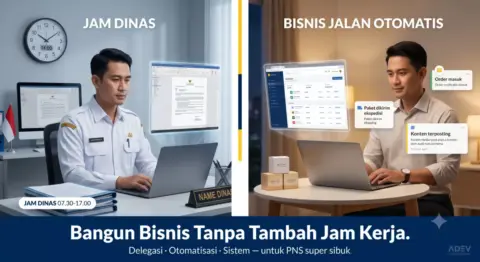 Ilustrasi hero bisnis sampingan untuk PNS sibuk: sisi kiri PNS berseragam dinas di kantor jam kerja, sisi kanan PNS di rumah dengan bisnis kosmetik yang berjalan otomatis (notifikasi order, paket dikirim, konten terposting), teks Bangun Bisnis Tanpa Tambah Jam Kerja