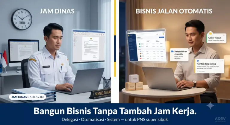Ilustrasi hero bisnis sampingan untuk PNS sibuk: sisi kiri PNS berseragam dinas di kantor jam kerja, sisi kanan PNS di rumah dengan bisnis kosmetik yang berjalan otomatis (notifikasi order, paket dikirim, konten terposting), teks Bangun Bisnis Tanpa Tambah Jam Kerja