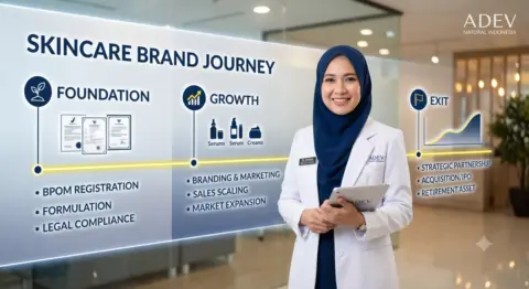 Dokter perempuan berhijab navy dan jas putih berdiri visioner di depan timeline perjalanan brand skincare dari fase foundation hingga exit dengan latar profesional strategis