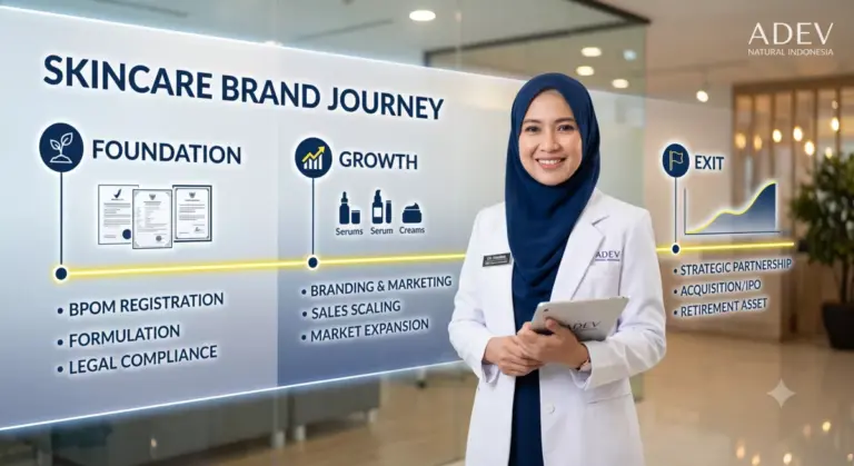 Dokter perempuan berhijab navy dan jas putih berdiri visioner di depan timeline perjalanan brand skincare dari fase foundation hingga exit dengan latar profesional strategis