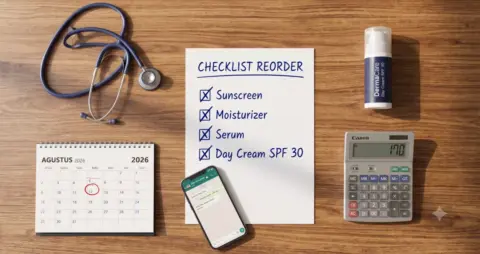 Meja dokter dengan checklist reorder stok skincare, kalkulator, kalender, dan produk skincare untuk panduan operasional brand