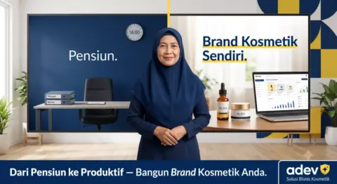 Ilustrasi hero pensiunan PNS wanita paruh baya berhijab berdiri percaya diri di depan dua panel: kiri meja kantor kosong jam 16.00 dengan teks Pensiun, kanan produk skincare elegan dengan laptop dashboard marketplace dan teks Brand Kosmetik Sendiri, headline Dari Pensiun ke Produktif, logo ADEV pojok kanan bawah