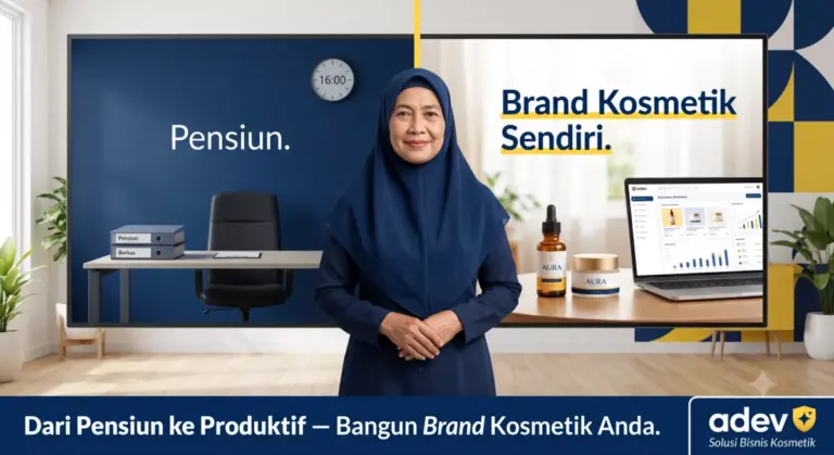 Ilustrasi hero pensiunan PNS wanita paruh baya berhijab berdiri percaya diri di depan dua panel: kiri meja kantor kosong jam 16.00 dengan teks Pensiun, kanan produk skincare elegan dengan laptop dashboard marketplace dan teks Brand Kosmetik Sendiri, headline Dari Pensiun ke Produktif, logo ADEV pojok kanan bawah