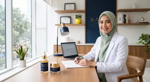 Dokter perempuan berhijab tersenyum natural di meja konsultasi klinik modern dengan produk skincare brand sendiri di atas meja — ilustrasi passive income dokter dari brand skincare