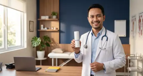 Ilustrasi dokter umum tersenyum percaya diri memegang produk skincare DermaRaka di klinik modern