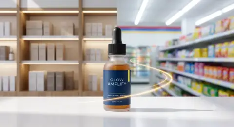 Botol serum skincare premium dengan label navy dan aksen kuning di meja klinik dengan latar belakang rak apotek dan minimarket blur — transisi brand dokter ke retail