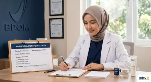 Dokter berhijab meninjau form dokumentasi keluhan pasien produk skincare di meja kerja dengan checklist dan sampel produk