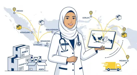 Ilustrasi flat vektor dokter perempuan berhijab memegang tablet dengan peta Indonesia, ikon paket pengiriman dan koneksi ke berbagai kota untuk distribusi skincare