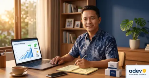 Ilustrasi PNS pria Indonesia rapi duduk di meja kerja rumah sore hari dengan laptop menampilkan dashboard bisnis online, ekspresi tenang dan percaya diri