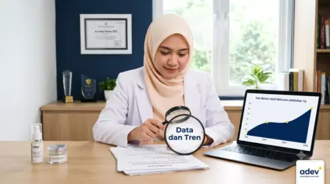 Dokter berhijab analisis tren bahan aktif skincare di laptop dengan kaca pembesar dan dokumen formulasi
