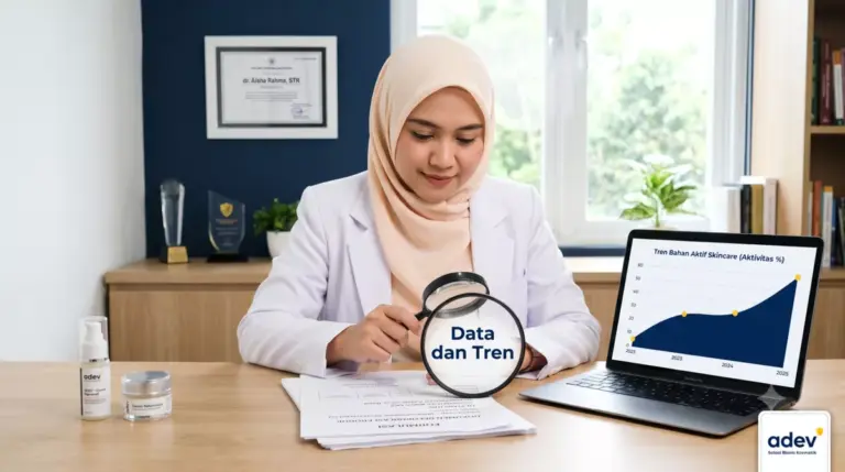 Dokter berhijab analisis tren bahan aktif skincare di laptop dengan kaca pembesar dan dokumen formulasi
