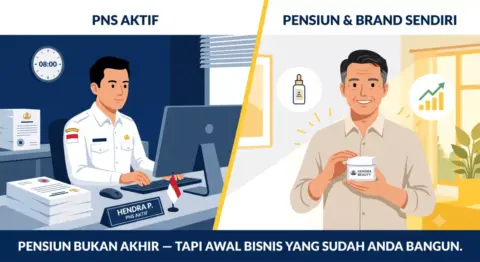 Ilustrasi hero strategi tabungan pensiun PNS: sisi kiri PNS aktif berseragam dinas di meja kerja jam 08.00, sisi kanan versi lebih senior tersenyum memegang produk brand kosmetik sendiri, dengan teks Pensiun Bukan Akhir tapi Awal Bisnis yang Anda Bangun