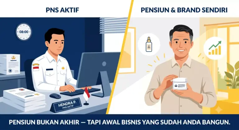 Ilustrasi hero strategi tabungan pensiun PNS: sisi kiri PNS aktif berseragam dinas di meja kerja jam 08.00, sisi kanan versi lebih senior tersenyum memegang produk brand kosmetik sendiri, dengan teks Pensiun Bukan Akhir tapi Awal Bisnis yang Anda Bangun