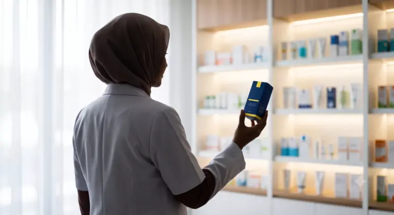 Ilustrasi konseptual siluet dokter perempuan berhijab memegang produk skincare di depan rak apotek modern — representasi komposit brand owner, bukan klien asli
