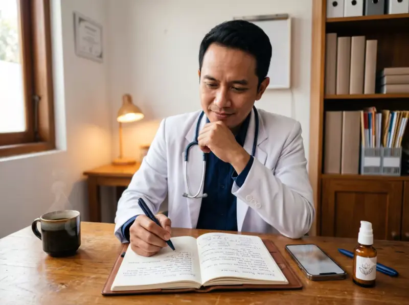 Potret dokter umum Indonesia usia 35 tahun sedang berpikir di meja kerjanya dengan catatan rencana bisnis skincare