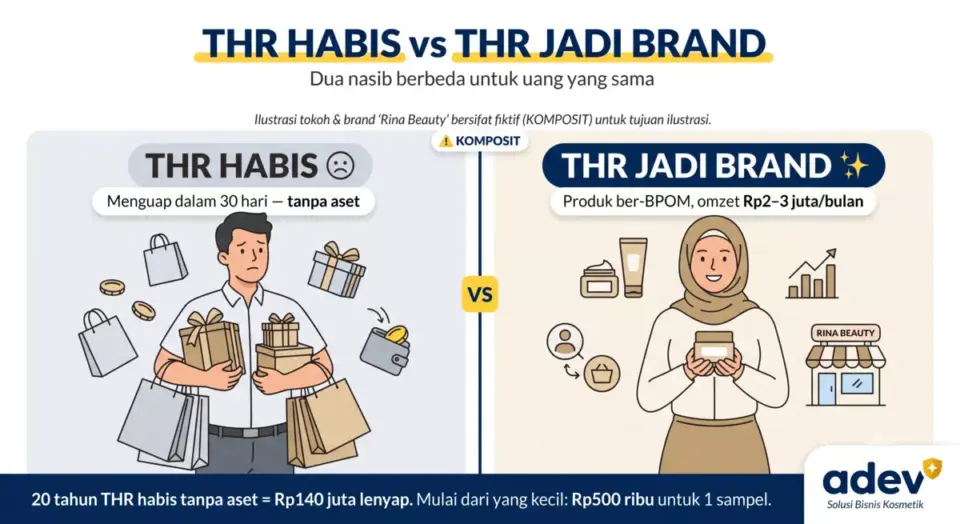 Ilustrasi komparatif THR habis vs THR jadi brand kosmetik: panel kiri pria dengan tas belanja dan hampers saat THR habis tanpa aset, panel kanan wanita berhijab dengan produk kosmetik, pelanggan, dan toko brand Rina Beauty saat THR jadi brand ber-BPOM, badge KOMPOSIT, palet navy kuning krem, logo ADEV pojok kanan bawah