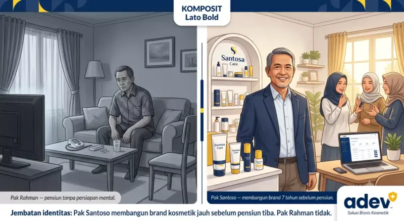 Ilustrasi komparatif studi kasus komposit dua PNS: kiri Pak Rahman pensiun tanpa persiapan mental duduk sendirian di rumah dalam palet abu-abu suram, kanan Pak Santoso tersenyum bersama brand kosmetik Santosa Care dan pelanggan dalam palet navy kuning cerah, dengan label KOMPOSIT di atas tengah, logo ADEV pojok kanan bawah