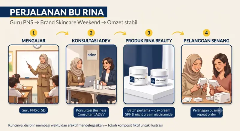 Ilustrasi timeline 4 panel perjalanan Bu Rina guru PNS membangun brand skincare Rina Beauty: mengajar, konsultasi ADEV, produk jadi, pelanggan senang