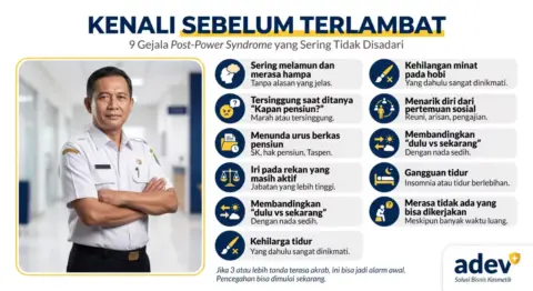Infografik checklist 9 gejala post-power syndrome untuk PNS dengan judul Kenali Sebelum Terlambat: sering melamun dan hampa, tersinggung saat ditanya kapan pensiun, menunda urus berkas pensiun, iri pada rekan yang masih aktif, kehilangan minat pada hobi, menarik diri dari pertemuan sosial, membandingkan dulu vs sekarang, gangguan tidur, dan merasa tidak ada yang bisa dikerjakan, dengan foto figur PNS senior Indonesia, palet navy kuning putih, logo ADEV pojok kanan bawah