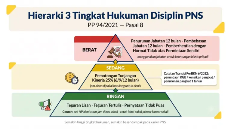 Infografik piramida tiga tingkat hukuman disiplin PNS sesuai PP 94/2021: ringan (teguran lisan, tertulis, pernyataan tidak puas), sedang (pemotongan tukin 25 persen), berat (penurunan jabatan, pembebasan jabatan, pemberhentian hormat)