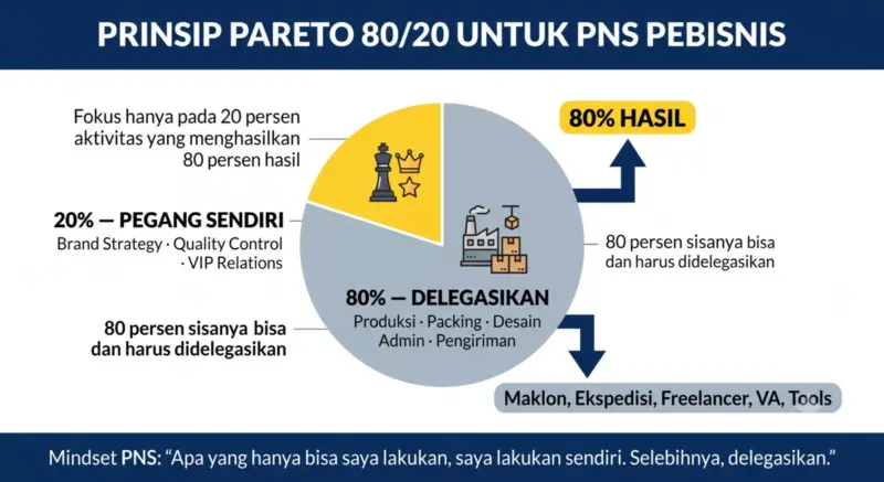 Infografik prinsip Pareto 80/20 untuk PNS pebisnis: 20 persen aktivitas (Brand Strategy, Quality Control, VIP Relations) menghasilkan 80 persen hasil, 80 persen sisanya (Produksi, Packing, Desain, Admin, Pengiriman) didelegasikan