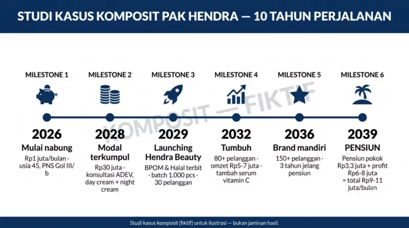 Infografik timeline studi kasus komposit Pak Hendra 10 tahun: 2026 mulai nabung Rp1 juta per bulan, 2028 modal Rp30 juta, 2029 launching Hendra Beauty, 2032 80+ pelanggan, 2036 brand mandiri, 2039 pensiun dengan total Rp9-11 juta per bulan — watermark komposit fiktif