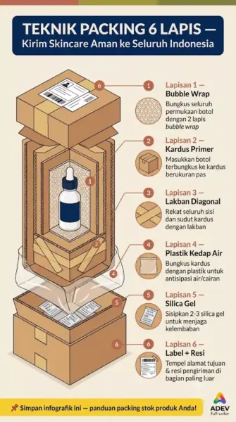 Infografik vertikal tutorial teknik packing 6 lapis skincare: Bubble wrap, Kardus Primer, Lakban Diagonal, Plastik Kedap Air, Silica Gel, Label dan Resi dengan ilustrasi cross-section