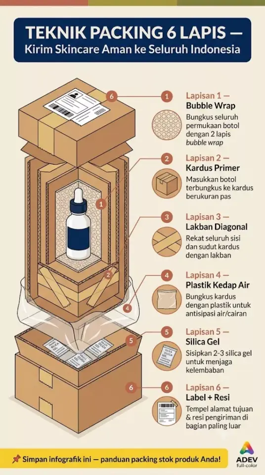 Infografik vertikal tutorial teknik packing 6 lapis skincare: Bubble wrap, Kardus Primer, Lakban Diagonal, Plastik Kedap Air, Silica Gel, Label dan Resi dengan ilustrasi cross-section