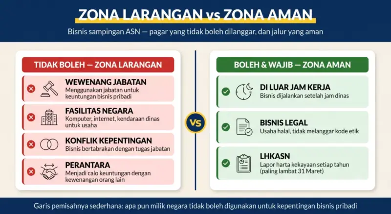 Infografik zona larangan vs zona aman bisnis sampingan ASN: empat larangan disilang merah (wewenang jabatan, fasilitas negara, konflik kepentingan, perantara) dan tiga zona aman dicentang hijau (di luar jam kerja, bisnis legal, LHKASN)
